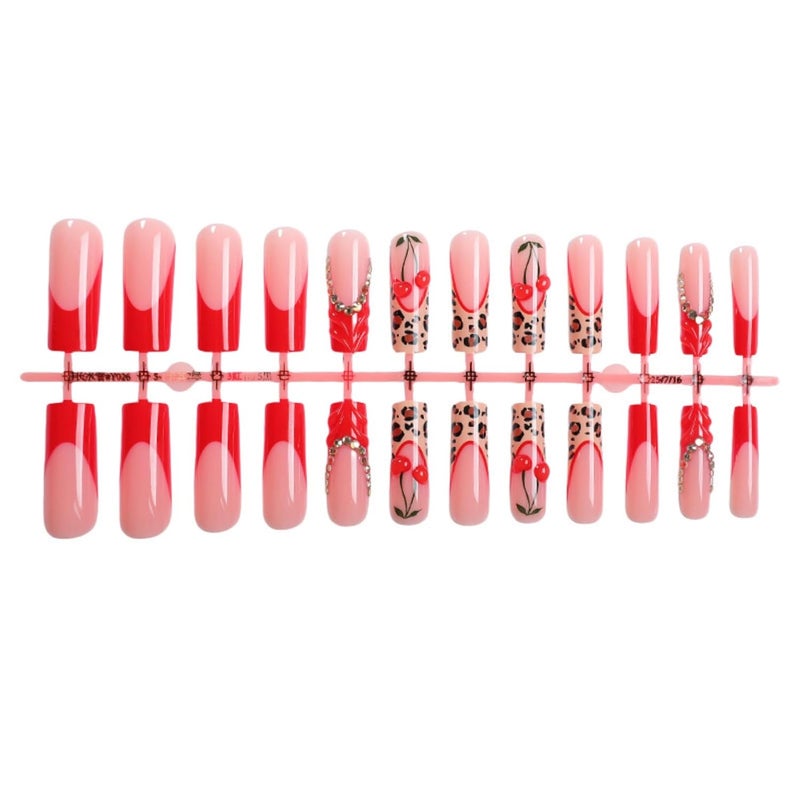 SEENEEY Long Press on Nails Square Red Cherry Stick on Nail for Women 24pcs - Image 3